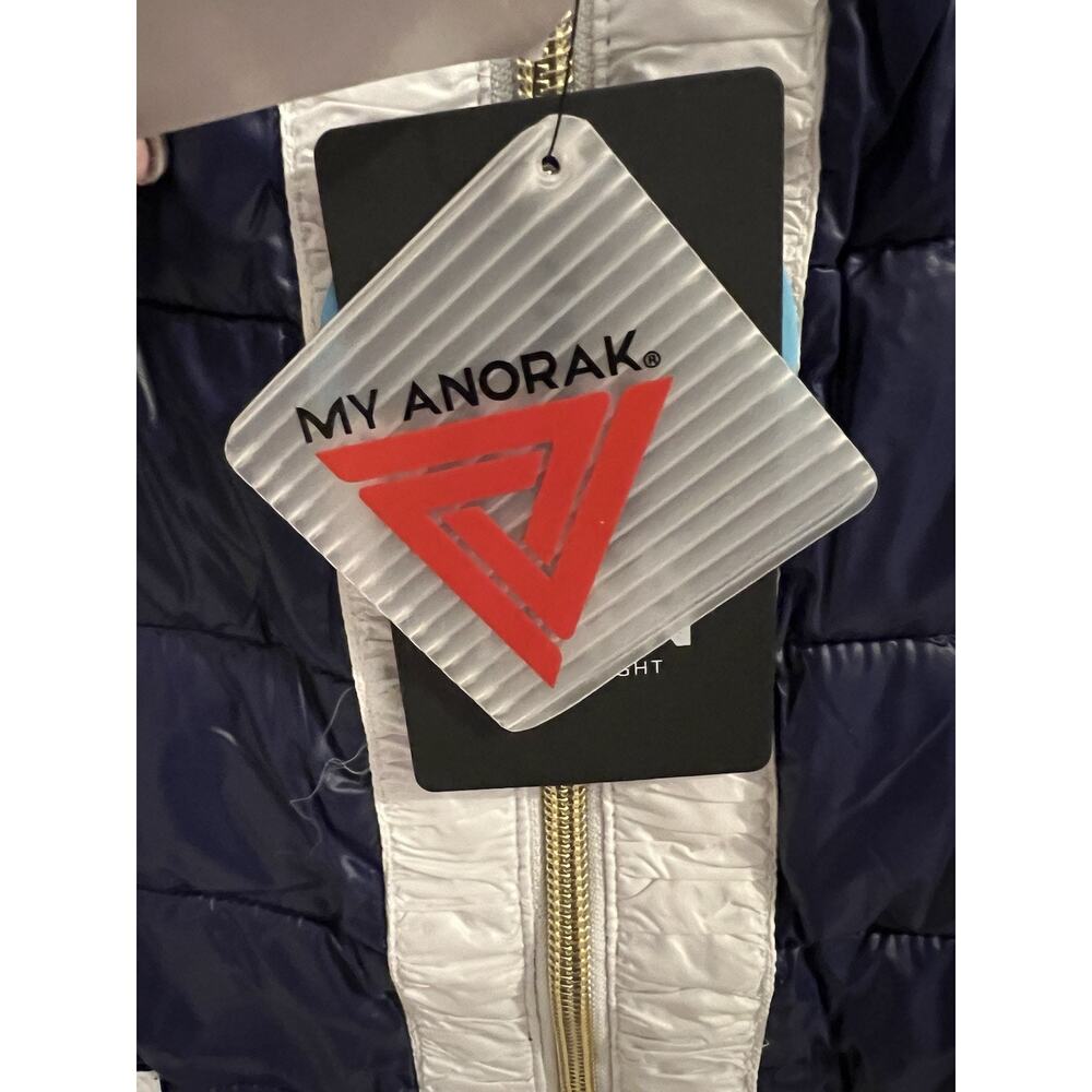 Anorak Blue White Channel Contrast Puffer Jacket Short Sleeve Sz Xl NWT Down - Picture 6 of 9